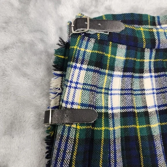 Vintage Skirt Women 14 Green Blue Tartan Plaid Wool Pleated Maxi Buckle Pin Kilt